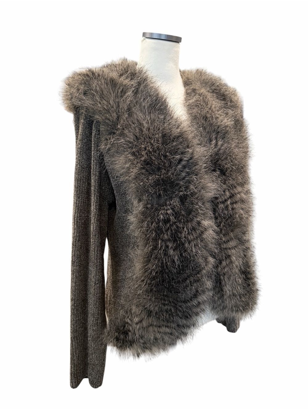 Lisa International Faux Fur Trim Knit Sweater Jacket Y2K Retro Brown Gray XL - Picture 5 of 10
